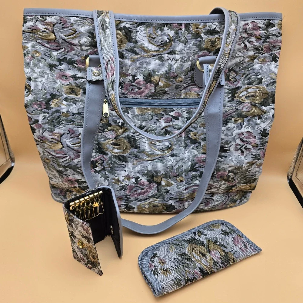 Vintage Floral Tapestry Tote Bag Set 3pc Shoulder Bag Key Holder Eyeglass Case